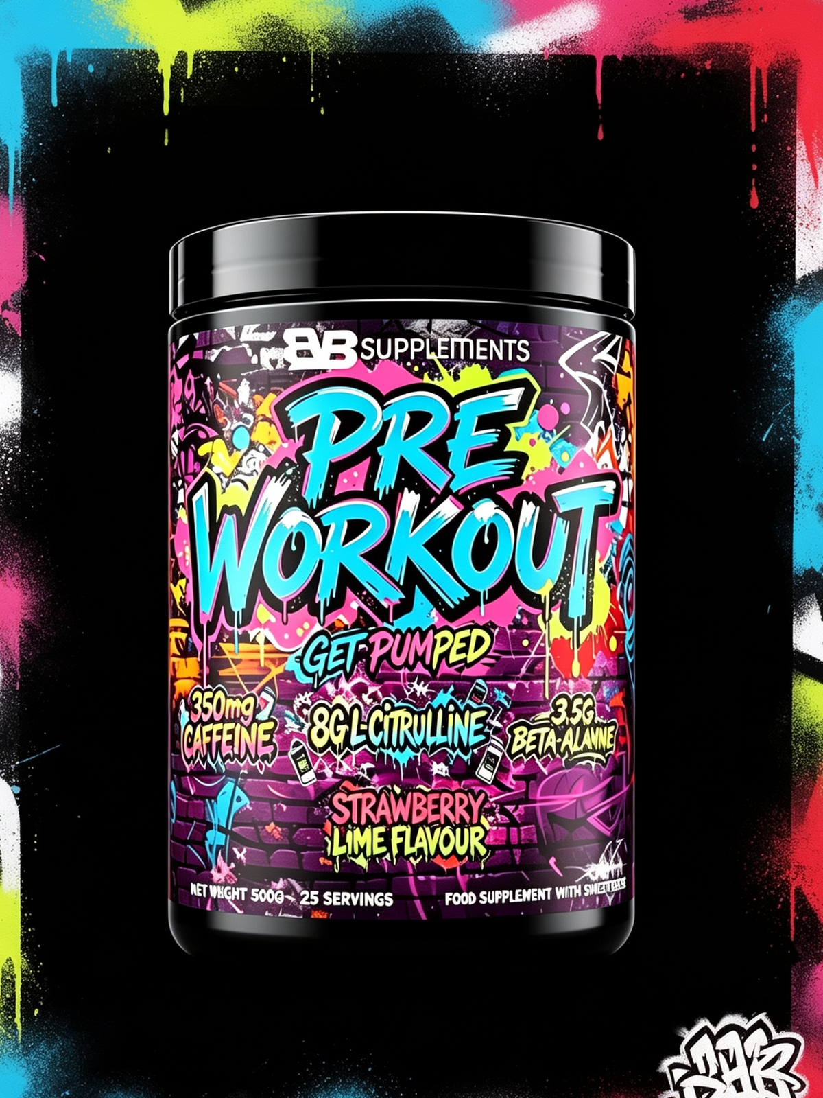 BB Supplements Pre Workout in a black tub with a highly colorful graffiti-style label, set against a black background with a graffiti border.