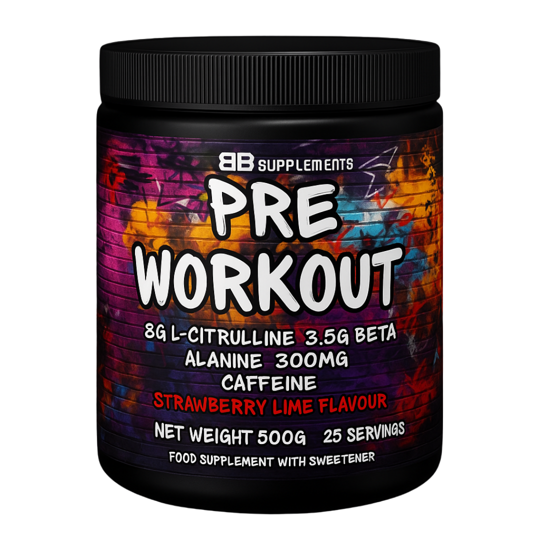 Pre-workout supplement container with colorful label on a white background