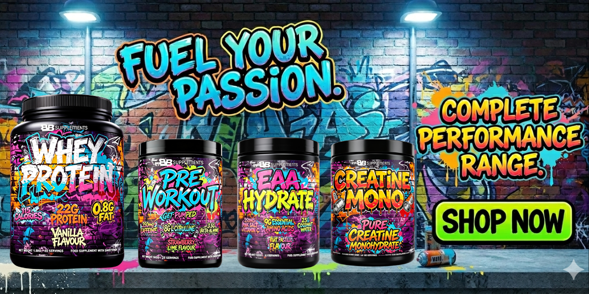 Supplement products with colorful packaging on a graffiti-covered wall background.