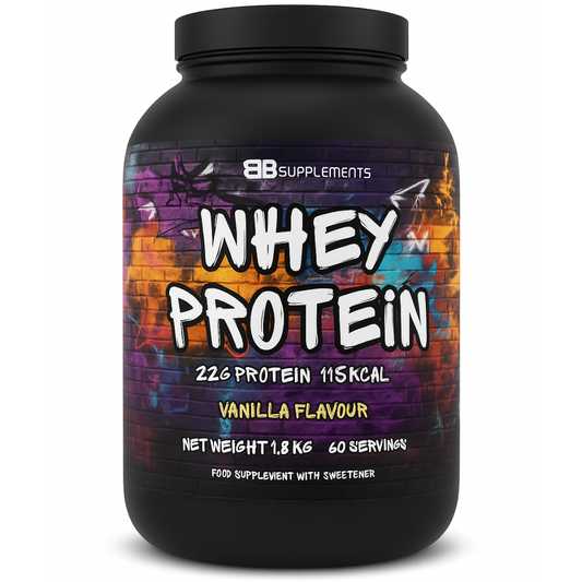 Black protein powder container with colorful label on a white background