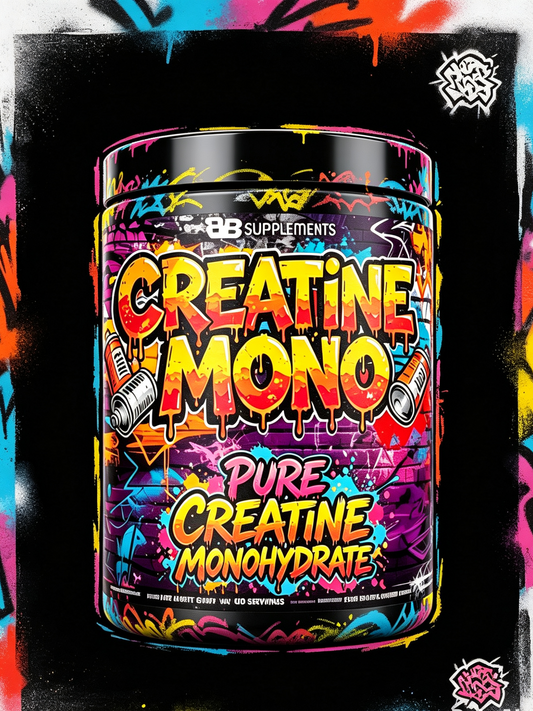 A tub of BB Supplements Creatine Mono Pure Creatine Monohydrate powder, featuring a vibrant graffiti-style label, set against a black background with colorful graffiti splatters.