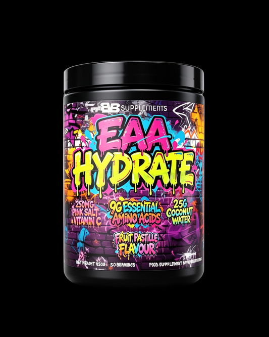 Supplement container labeled 'EAA Hydrate' with colorful design on a black background