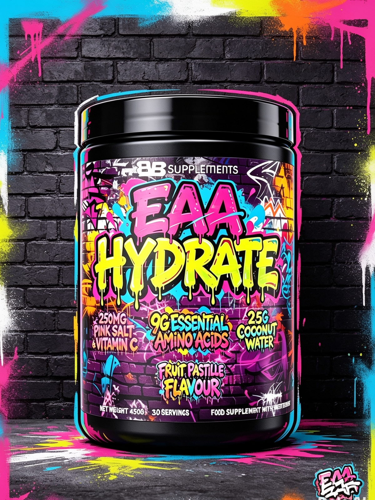 A tub of EAA Hydrate food supplement by GBB Supplements, featuring a vibrant graffiti-style label in pink, yellow, and blue, set against a black brick wall with colorful paint splatters.