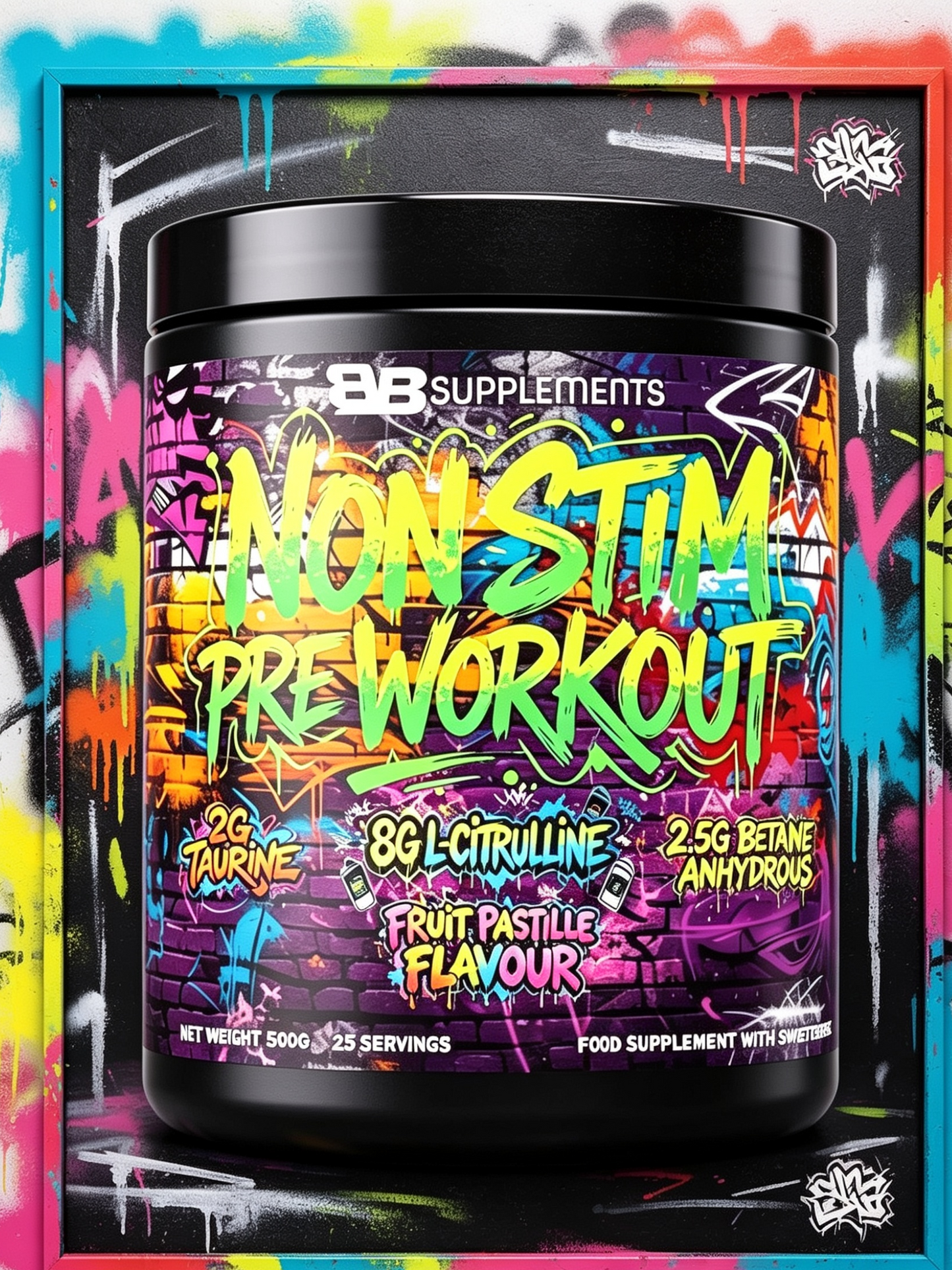 A tub of 88 Supplements Non Stim Pre Workout in Fruit Pastille Flavour, featuring a black container with a highly colorful graffiti-style label, set against a vibrant, multicolored graffiti-dripped background.