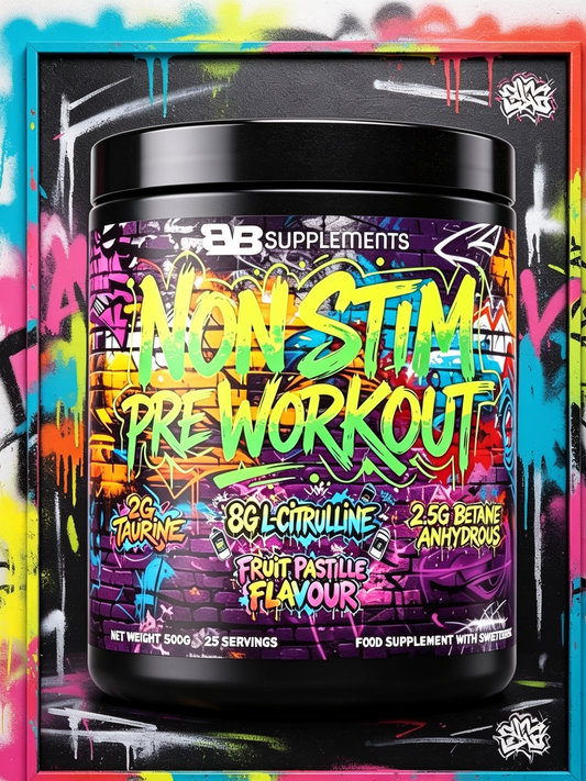 A tub of 88 Supplements Non Stim Pre Workout in Fruit Pastille Flavour, featuring a black container with a highly colorful graffiti-style label, set against a vibrant, multicolored graffiti-dripped background.