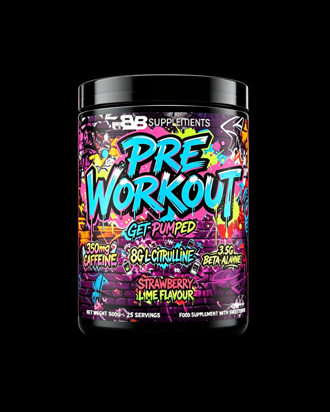 Pre-workout supplement container with colorful label on a black background