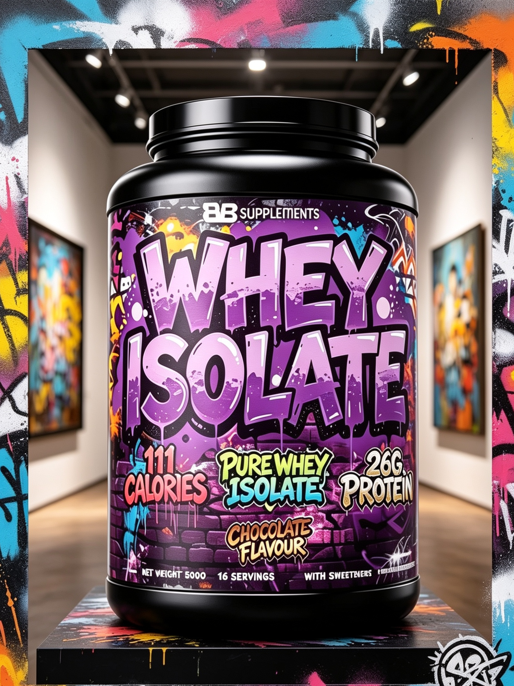 A large tub of BB Supplements Whey Isolate chocolate flavor protein powder, styled in a graffiti-themed frame with a blurred gallery hallway in the background.