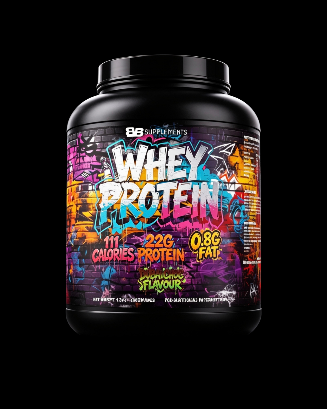 Whey protein supplement container with colorful label on a black background