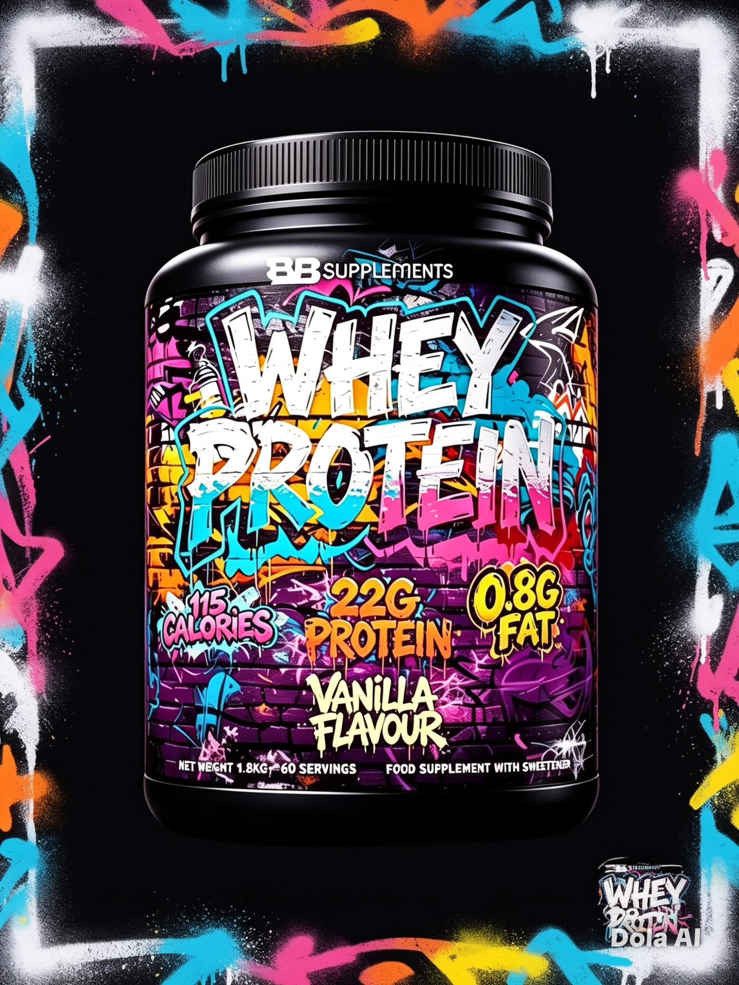 A tub of BE Supplements Whey Protein Vanilla Flavour on a black background with colorful graffiti-style border graphics. The label features bold white, pink, blue, and yellow text over a graffiti pattern.