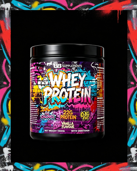A tub of BB Supplements Whey Protein Vanilla Flavour, featuring a vibrant graffiti-style label with purple, blue, pink, and yellow colors, set against a black background with a colorful graffiti border.